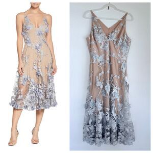 NWT Dress the Population Audrey Floral Applique Midi Dress Mineral Blue & Nude L
